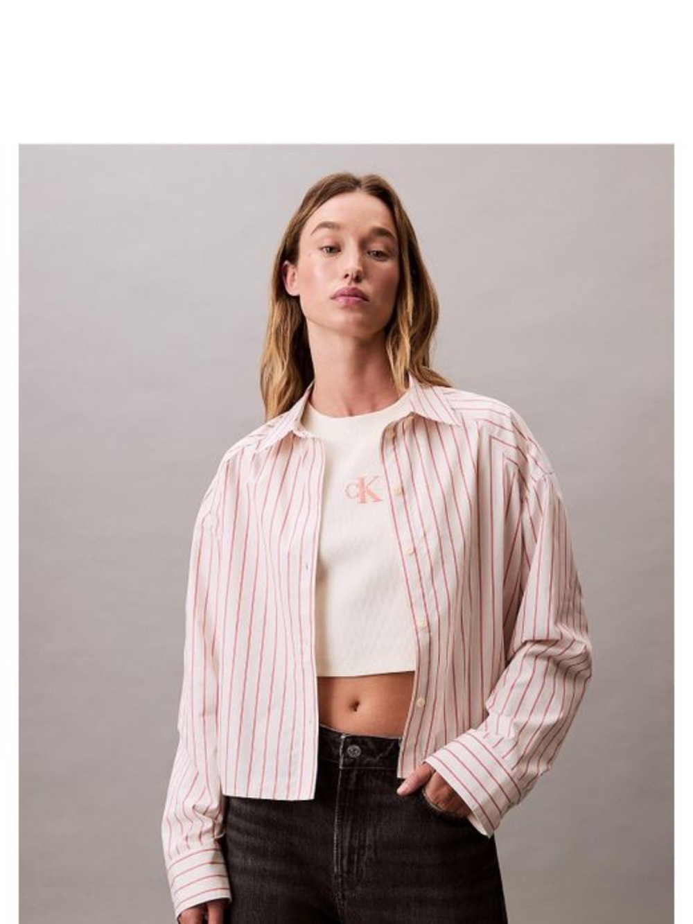 Calvin Klein Orange & White Striped Cropped Button-Down Shirt